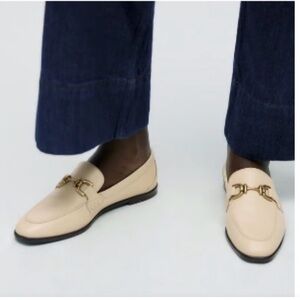 ZARA Cream Soft Leather Loafers with Metal Buckle